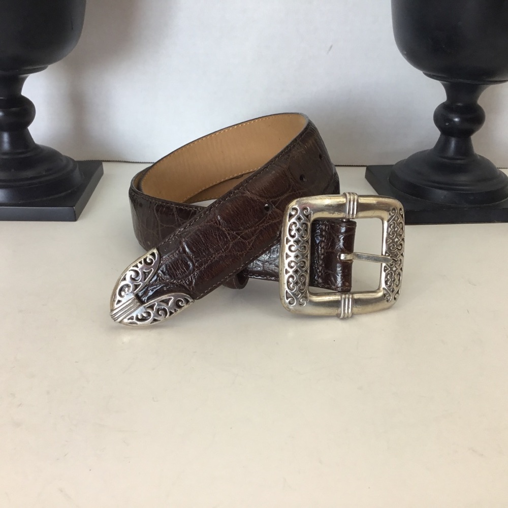 Brighton Brown Croc Embossed Leather Belt, M